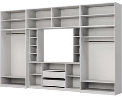 Woonwand 380 x 240 x 54 cm – Moderne 8-Delige Kastwand met TV-Meubel, Kledingkasten en Bovenkasten in Lichtgrijs/Eiken Halifax – Dako Living Wall – Abkantoor