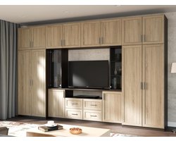 Woonwand 380 x 240 x 54 cm – Moderne Schrankwand met TV-meubel, Vitrinekasten van Rookglas & Hangkasten – Donker Sonoma / Licht Sonoma – Nesto Living Wall – Abkantoor