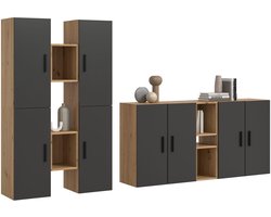 Woonwand in artisan eik en basalt - Modulaire kastcombinatie voor elk interieur - 270x182cm