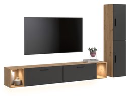 Woonwand met verlichting in artisan eik - Moderne opbergoplossing voor elk interieur - 259cm