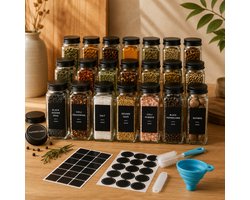 WoonWonder 24 Glazen Kruidenpotjes met Stickers – Rechthoekige Spice Jars met Zwart Aluminium Draaideksel – Kruidenstrooier Set incl. 30 Vierkante Labels, 24 Ronde Labels, Trechter en Borstel – 100ml