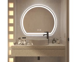 WoonWonder Half-Ronde Horizontaal Badkamerspiegel Met LED Verlichting - Dimbaar - Anti-Condens - 2700K/4500K/6400K - 52CM x 60CM - Transparant