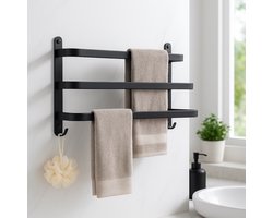 WoonWonder Handdoekrek 3-laags Zwart – Handdoekhouder Badkamer – Ruimtebesparend – Water- & Roestbestendig Aluminium – Wandmontage – Met Schroeven óf Plakstrip – Zonder Boren Optie