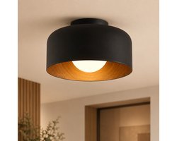 WoonWonder Nora Plafondlamp Zwart Ø22 cm - LED Plafondlamp - Moderne Industriële Plafondverlichting - Zwarte Plafonnière met Houtlook - G9 LED Inclusief - Voor Hal, Slaapkamer, Woonkamer en Keuken