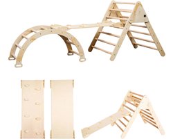 WoonWonder Opvouwbare Driehoek + Klimboog + Helling met Klimrek/Glijbaan - Montessori Meubels Houten Speelgym - Pikler - Naturel - Ontdek de Veelzijdige en Avontuurlijke Wereld van Spelen met de WoonWonder Klimset