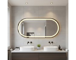 WoonWonder Ovale Badkamerspiegel met LED Verlichting 120x60 cm - Organisch - Zwarte Rand - Anti-Condens - Dimbaar - 3 Lichtkleuren