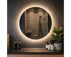 WoonWonder Ronde Badkamerspiegel Met LED Verlichting 60CM - Dimbaar - Anti-Condens Verwarming - 2700K/4500K/6400K - 60CM - Transparant