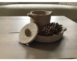 Woonyard Decoratieset met Stenen Pot met Deksel, Schaal en Decoratieve Bessen Tak Beige Naturel