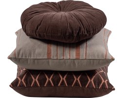 WOOOD Aziz Kussens - Velvet stof - Bruin/Naturel - Set Van 3