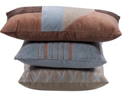 WOOOD Laon Kussens - Velvet stof - Naturel/Blauw - Set Van 3