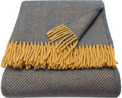WOOOL® | Wollen Luxury Plaid | STELLA (Navy & Mustard) | 150x183cm | 100% Lamswol | Visgraat Design Deken - Blauw Geel