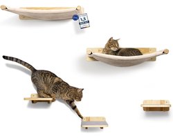 WOOWOOD® Klimwand voor katten incl. 2x kattenladderwand [massief hout] I Krabpaalwand voor katten I Kattenhangmat I Krabpaal voor aan de muur I Kattenmeubels I Kattenwand I Klimwand voor katten Set (5-delig)