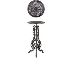 World of Decorations gietijzeren plantentafel - zwart - 69 cm - Ø38 cm - plantentafel metaal zwart - Plantentafel serre - Bloementafel buiten - Bijzettafel buiten rond - Bijzettafel hoog zwart