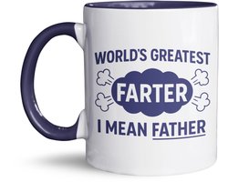 World’s Greatest Farter, I Mean Father – Grappige Vaderdag Mok – Humor Cadeau voor Papa – Blauw-Witte Keramische Beker 325ml – Origineel Cadeau voor Vader of Papa – Koffiemok mok met Tekst – Perfect voor Vaderdag of Verjaardag – World’s Best Farter