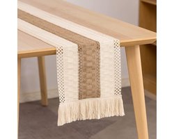 Woven Macrame Tafelkleed van Katoen en Linnen met Kwastjes voor een Moderne Vintage Tafelversiering, 30 x 120 cm Beige, Ideaal voor Huiskamer en Bruiloft Decoratie