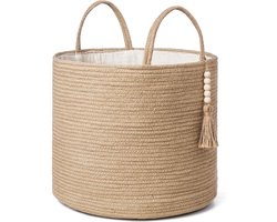 Woven Storage Basket - Decoratieve Natuurlijke Touw Mand - Houten Kralen Decoratie voor Dekens - Speelgoed - Kleding - Schoenen - Planten Organizer Tray met Handvatten voor Woonkamer - Thuisdecoratie - Jute