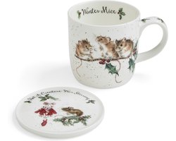 Wrendale Mok met Onderzetter Kerst - 'Winter Mice' mouse mug and coaster set- Royal Worcester