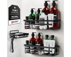 W&S Badkamerrek Zonder Boren Set van 3 - Douche Rek in Roestvrij Staal | 2 Doucheplanken + 1 Zeephouder | Wandplanken Zonder Gaten, Badkamer & Keuken Accessoires, Badkamerplanken – Zwart