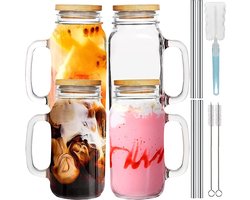 Wuciray drinkglas met rietje en deksel 750 ml weckpot drinkglas met houten deksel van helder glas drinkglazen set van 4 voor milkshakes, sappen, smoothies, bier