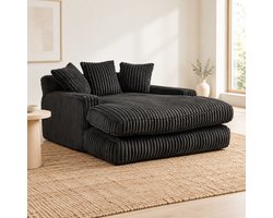 WUVRIE - Chaise longue 155x125 cm - Ribstof, 3 kussens en armleuningen - Zwart