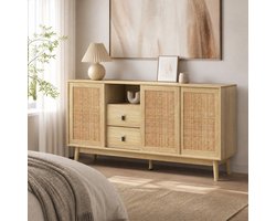 WUVRIE - Dressoir 155 x 38 x 80 cm - 3 schuifdeuren en 2 lades van echt rattan - Hout