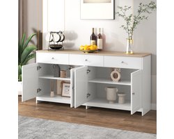 WUVRIE - Dressoir 160x37x75 cm - 3 lades, 4 deuren en verstelbare planken - Wit/houtkleur