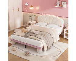 WUVRIE Fluwelen kinderbed 140x200 cm met multicolor lichtstrip en lattenbodem, beige/roze