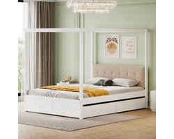 WUVRIE Hemelbed 140x200 cm met 2 lades, gestoffeerde rugleuning en lattenbodem, wit