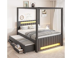 WUVRIE Hemelbed 140x200 cm met uitschuifbed, 3 lades en LED-verlichting, grijs