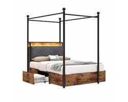 WUVRIE Hemelbed 90 x 190 cm met opbergruimte, LED, USB-C en lattenbodem in zwart