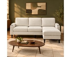 WUVRIE - Hoekbank voor 4 personen - Met hocker, opbergruimte en bekerhouders - Beige