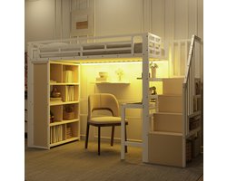 WUVRIE Hoogslaper 90 x 200 cm met bureau, opbergruimte, LED-verlichting en trap, wit