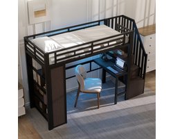 WUVRIE Hoogslaper 90 x 200 cm met bureau, opbergtrap, LED-verlichting en planken, zwart