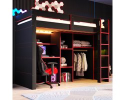 WUVRIE - Hoogslaper 90x200 cm - Bureau, open kledingkast en LED-verlichting - Zwart/rood