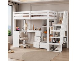 WUVRIE Hoogslaper 90x200 cm met bureau, opbergruimte, trap en uitvalbeveiliging, wit