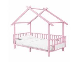 WUVRIE Kinderbed van metaal 90x200 cm in huisvorm met veiligheidsgitter, roze