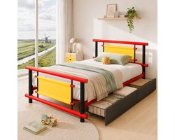 WUVRIE Kinderbed van metaal 90x200 cm met lades, opbergruimte en lattenbodem, rood