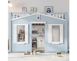 WUVRIE Kinderhoogslaper 90x200 cm met vrij in te delen ruimte en links/rechts monteerbare trap, blauw/wit