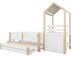 WUVRIE - Stapelbed 90x200 cm - Uitschuifbed, trap en opbergruimte - Wit/naturel