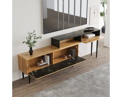 WUVRIE - Tv-meubel 129 x 30 x 58 cm - Marmer- en houtlook, open vakken en kleppen - Naturel hout