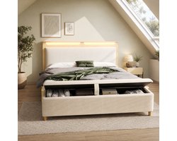 WUVRIE Tweepersoonsbed 140x200 cm met LED-hoofdbord, opbergbank en opbergruimte, beige/eiken