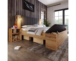 WUVRIE Tweepersoonsbed 180x200 cm met opbergruimte, nachtkastjes, USB-leeslampen en bedbank, eiken