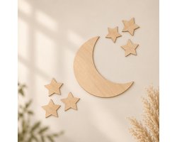 WWC - Muurdecoratie Kinderkamer – Houten Maan & Sterren – Naturel Hout