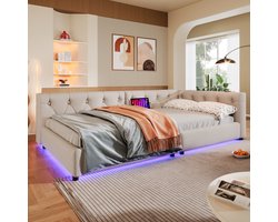 (=WX001033AAA)Slaapbank - Daybed - Dagbed - 90x200cm - Slaapbank met lattenbodem (zonder matras) - Sfeerverlichting met afstandsbediening - Hoofdbord met knopjes - Usb+Type-c - Linnen - Beige