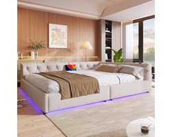 (=WX001034AAA)Slaapbank - Daybed - Dagbed - 140x200cm - Slaapbank met lattenbodem (zonder matras) - Sfeerverlichting met afstandsbediening - Hoofdbord met knoopjes - USB+Type-C - Linnen - Beige