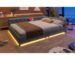 (=WX001034AAE)Slaapbank - Daybed - Dagbed - 140x200cm - Slaapbank met lattenbodem (zonder matras) - Sfeerverlichting met afstandsbediening - Hoofdbord met knoopjes - Linnen - Grijs