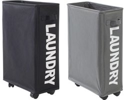 W&Z® Wasmand met deksel op wielen - Wassorteerder- wasmand 2 vakken - Opvouwbaar - 2 x 42L - Zwart en Grijs