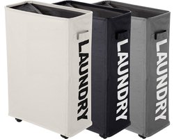 W&Z® Wasmanden met deksel op wielen - Wassorteerder- wasmand 3 vakken - Opvouwbaar - 3 x 42L - Zwart Grijs Beige
