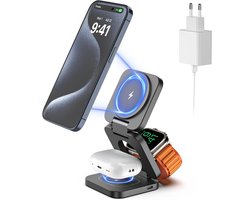 X55 15 W magnetisch laadstation voor Magsafe, opvouwbaar 3-in-1 laadstation reizen, opladerstandaard voor Apple Watch en iPhone 17-12 & AirPods, met 30 W USB-C voeding, grijs