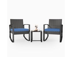 Xbro 3-delige Rotan Tuinset - 2 Loungestoelen & Bijzettafel met Kussens – Weerbestendig Patio Set voor Balkon, Terras, Tuin, Zwembad – Stijlvolle en Compacte Bistroset (Blauw)